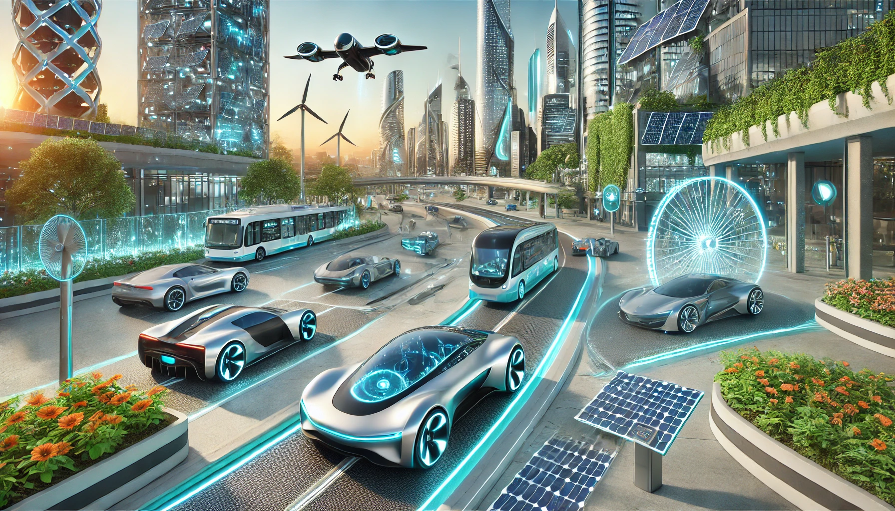 futuristic scene showcasing innovative automotive prototypes, including sleek electric cars, flying vehicles, and solar-powered trucks